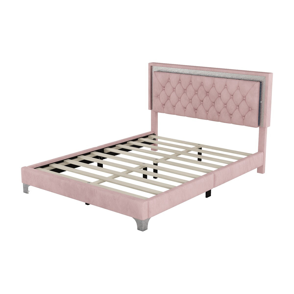 Queen Size Upholstered Bed Frame with LED Lights,Modern Velvet Platform Bed with Tufted Headboard