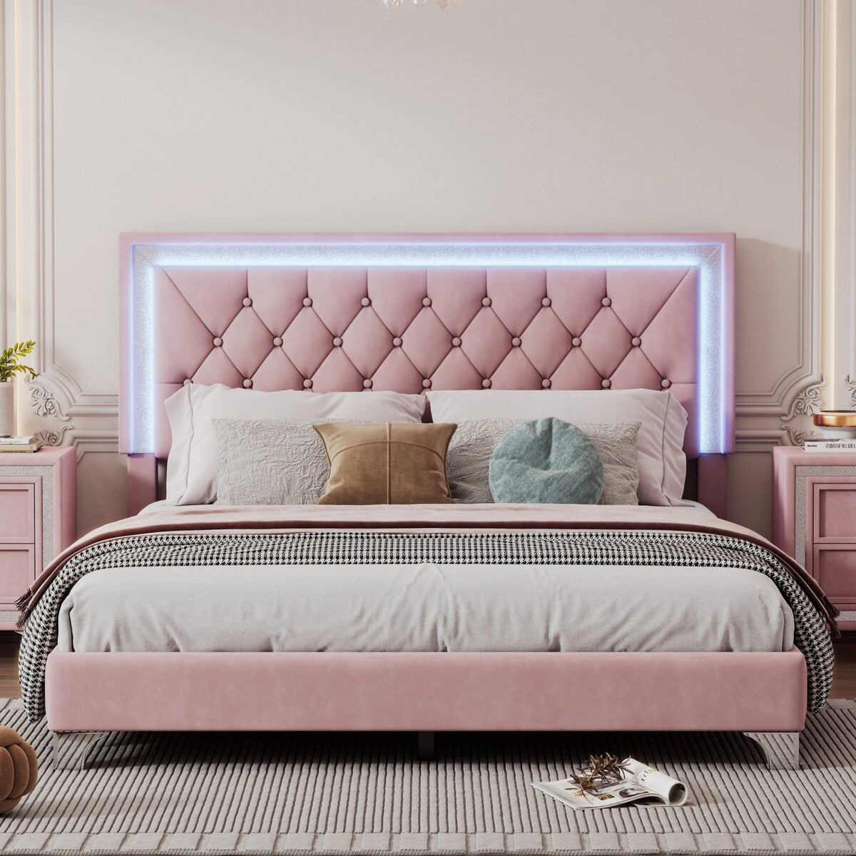 Queen Size Upholstered Bed Frame with LED Lights,Modern Velvet Platform Bed with Tufted Headboard