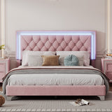 Queen Size Upholstered Bed Frame with LED Lights,Modern Velvet Platform Bed with Tufted Headboard