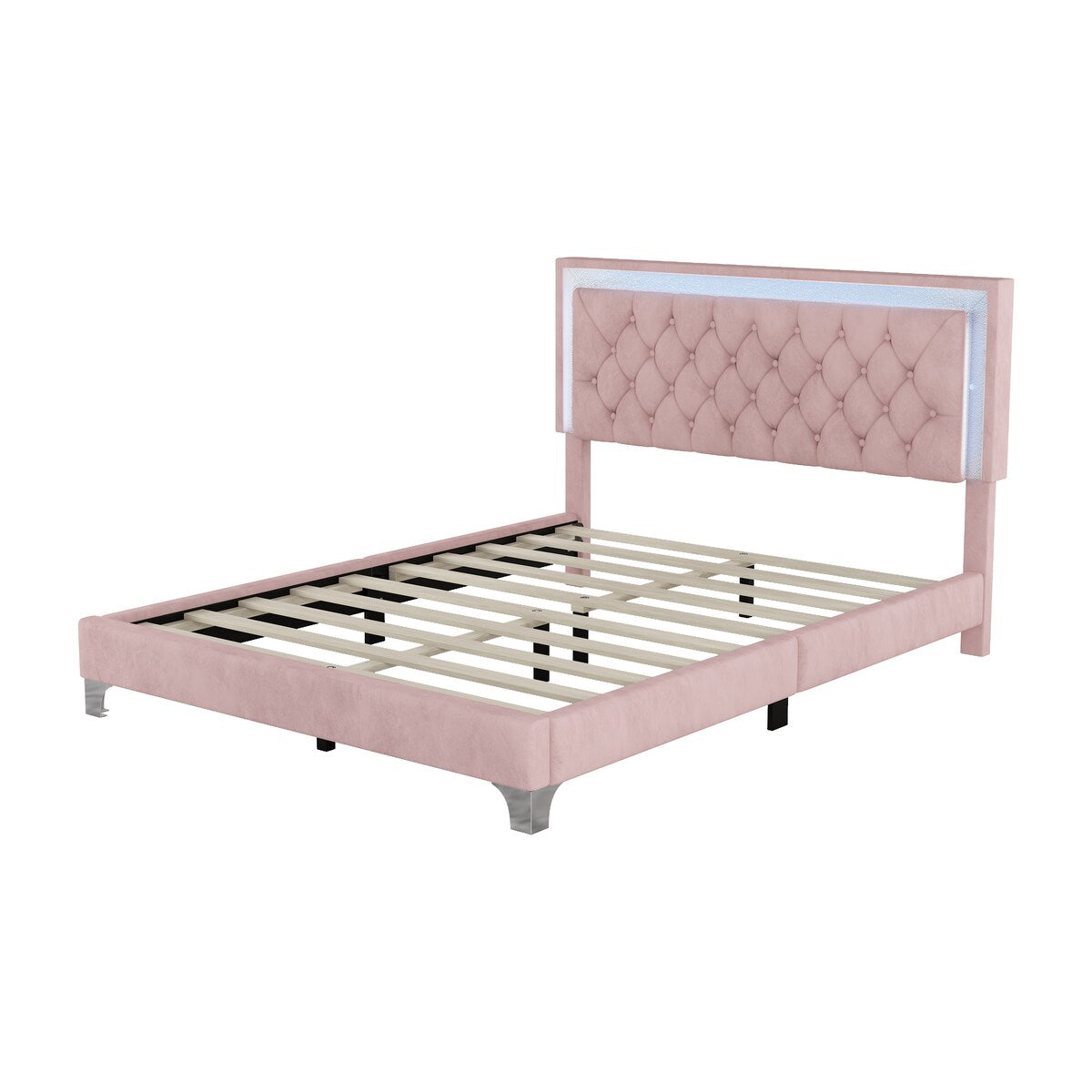 Queen Size Upholstered Bed Frame with LED Lights,Modern Velvet Platform Bed with Tufted Headboard