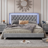 Queen Size Upholstered Bed Frame with LED Lights,Modern Velvet Platform Bed with Tufted Headboard