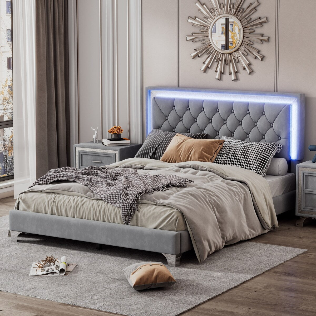 Queen Size Upholstered Bed Frame with LED Lights,Modern Velvet Platform Bed with Tufted Headboard