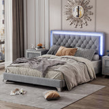 Queen Size Upholstered Bed Frame with LED Lights,Modern Velvet Platform Bed with Tufted Headboard