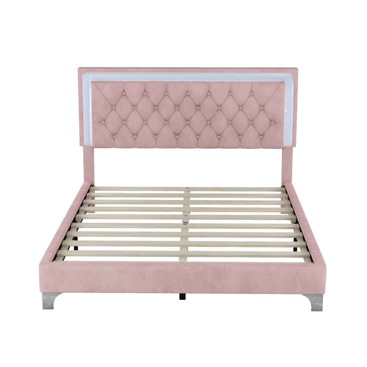 Queen Size Upholstered Bed Frame with LED Lights,Modern Velvet Platform Bed with Tufted Headboard