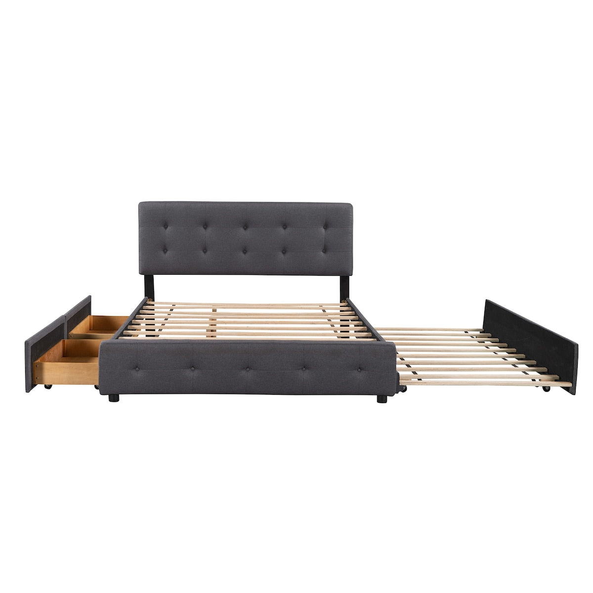 Queen Size Upholstered Bed with 2 Storage Drawers & Twin XL Trundle, Wooden Platform Bedframe, Tufted Headboard, Linen Fabric