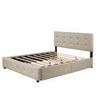 Queen Size Upholstered Bed with 2 Storage Drawers & Twin XL Trundle, Wooden Platform Bedframe, Tufted Headboard, Linen Fabric
