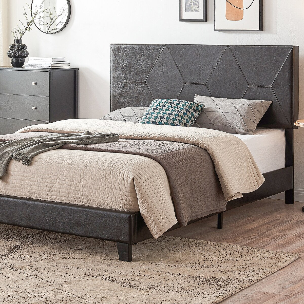 Queen Size Upholstered Platform Bed Frame ,Wood Slat Support, Easy Assembly
