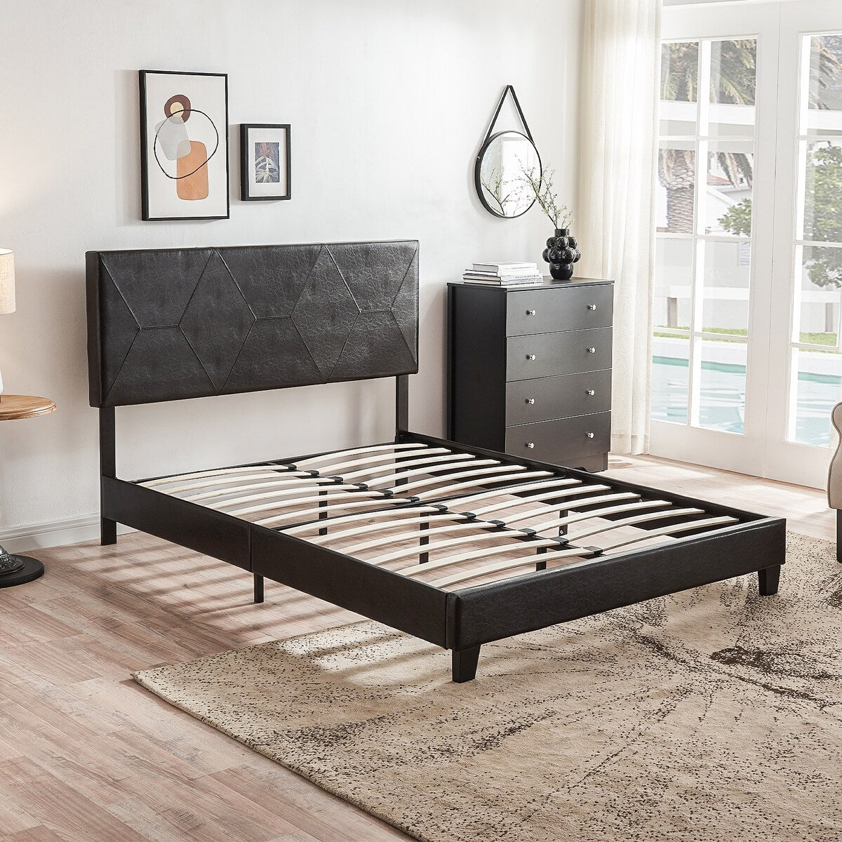 Queen Size Upholstered Platform Bed Frame ,Wood Slat Support, Easy Assembly