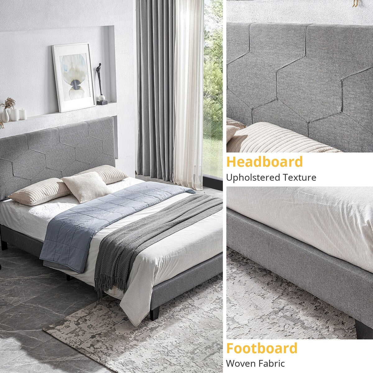 Queen Size Upholstered Platform Bed Frame ,Wood Slat Support, Easy Assembly