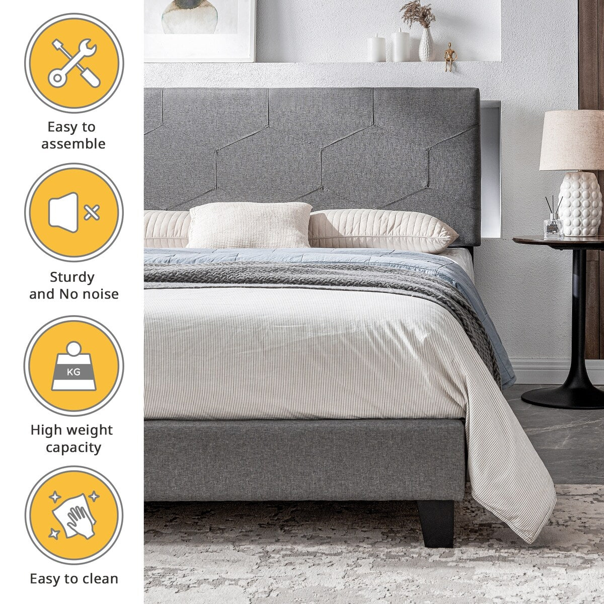Queen Size Upholstered Platform Bed Frame ,Wood Slat Support, Easy Assembly