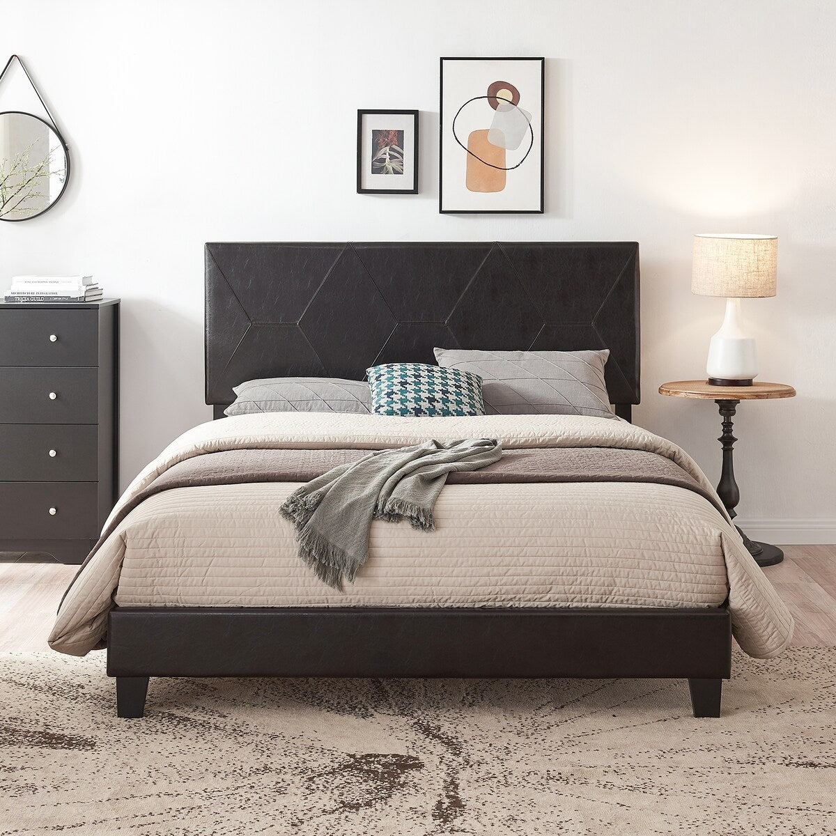 Queen Size Upholstered Platform Bed Frame ,Wood Slat Support, Easy Assembly