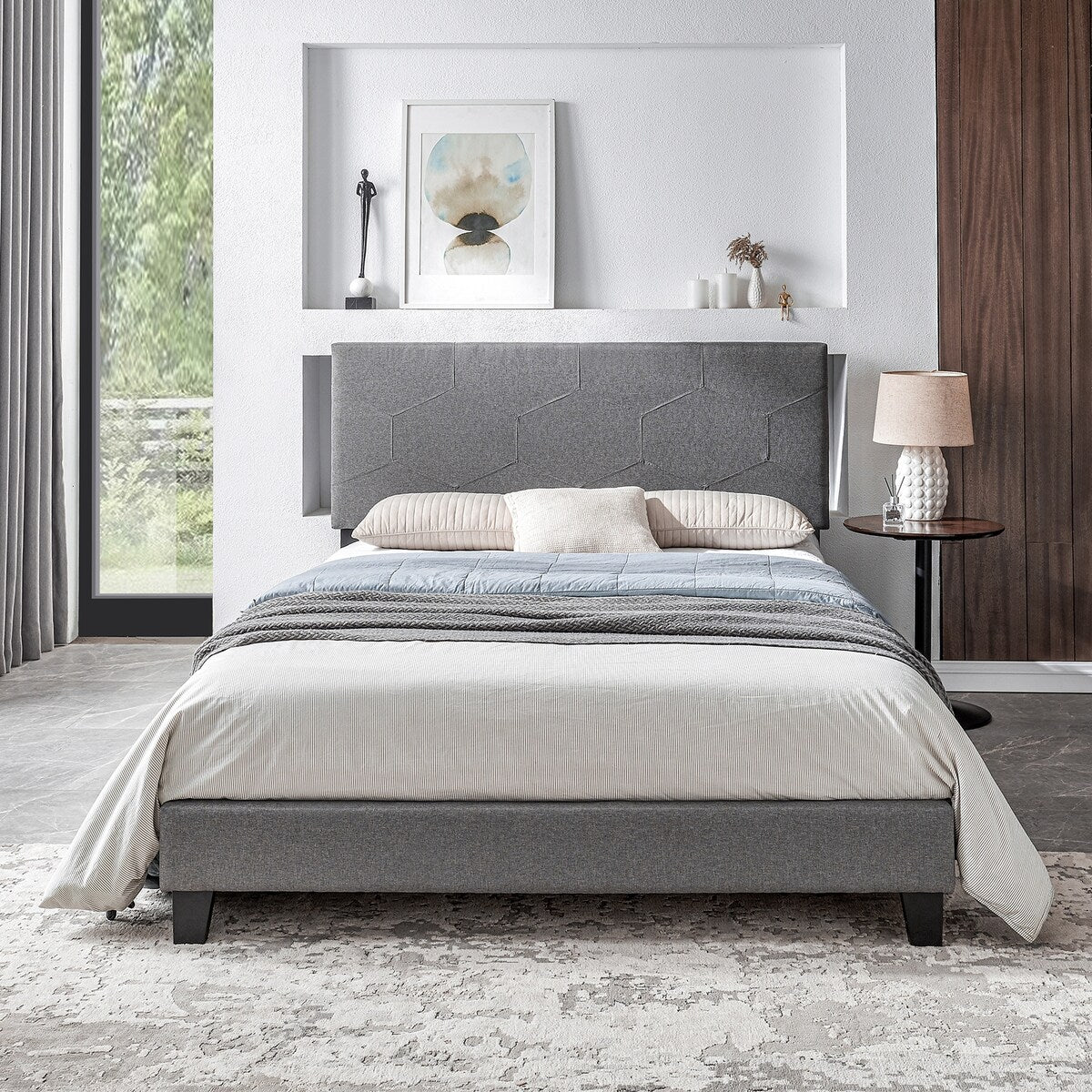 Queen Size Upholstered Platform Bed Frame ,Wood Slat Support, Easy Assembly