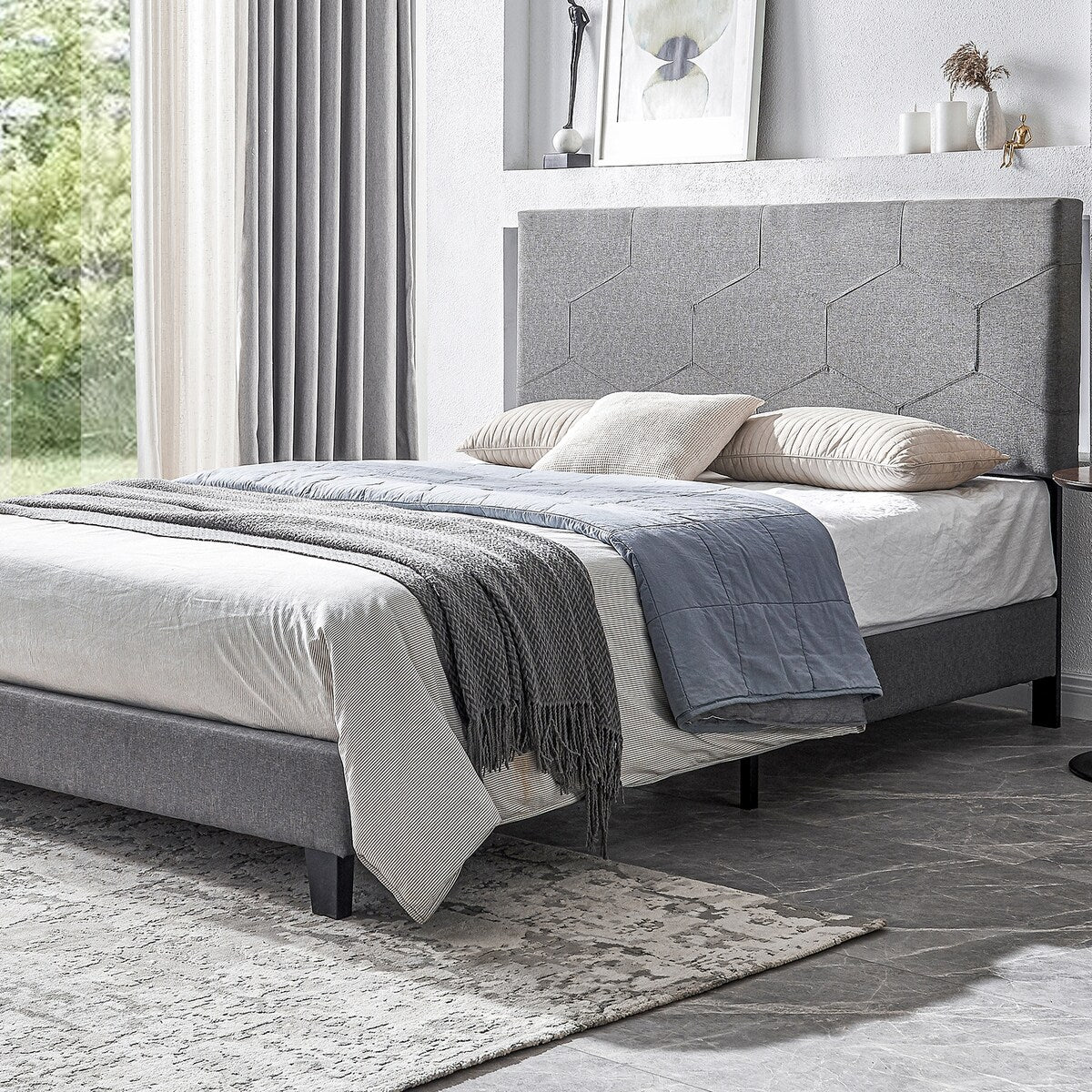 Queen Size Upholstered Platform Bed Frame ,Wood Slat Support, Easy Assembly