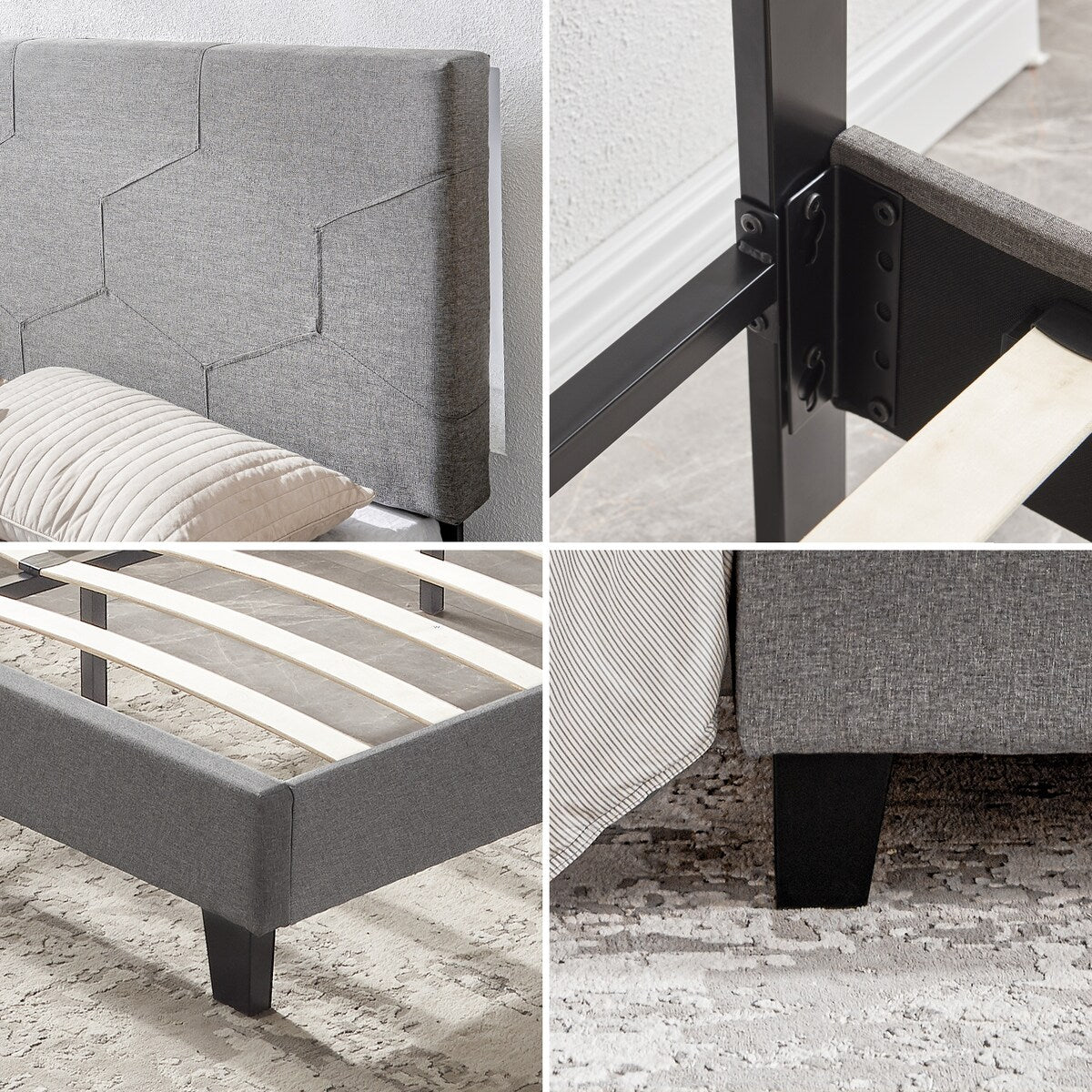 Queen Size Upholstered Platform Bed Frame ,Wood Slat Support, Easy Assembly