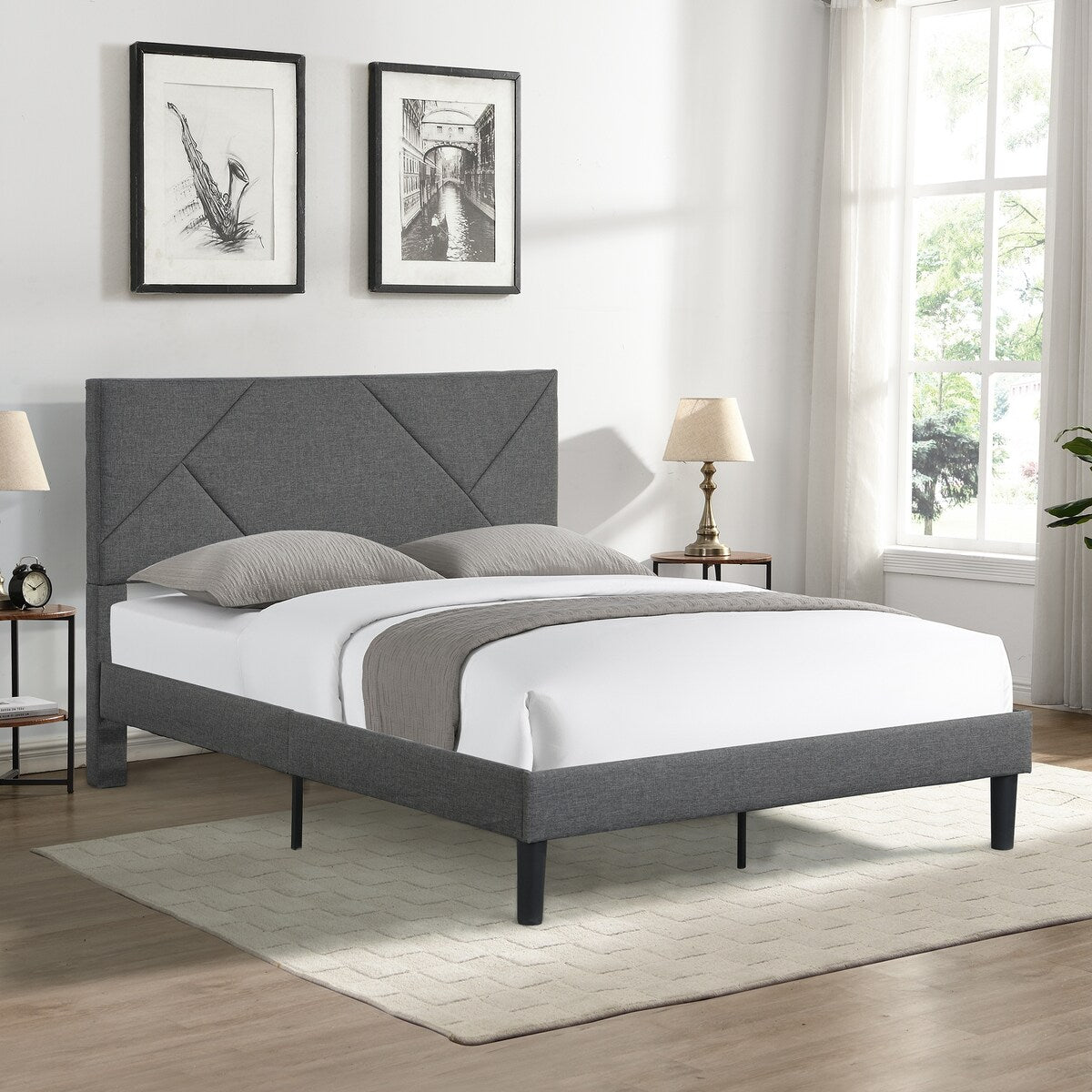 Queen Size Upholstered Platform Bed Frame ,Wood Slat Support, Easy Assembly