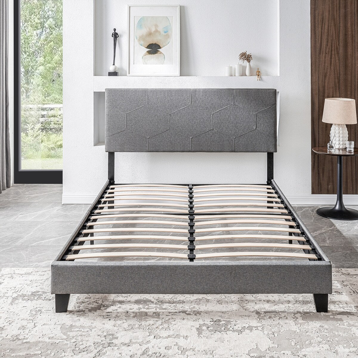 Queen Size Upholstered Platform Bed Frame ,Wood Slat Support, Easy Assembly