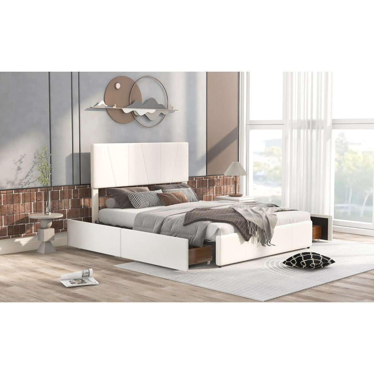 Queen Size Upholstered Platform Bed Storage Bed with Drawers, Adjustable Headboard