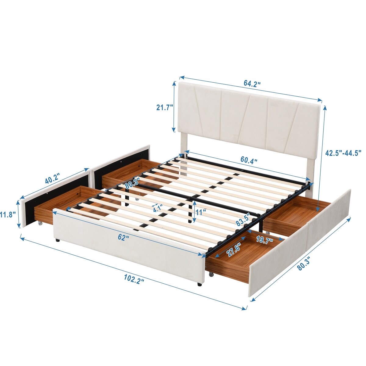 Queen Size Upholstered Platform Bed Storage Bed with Drawers, Adjustable Headboard