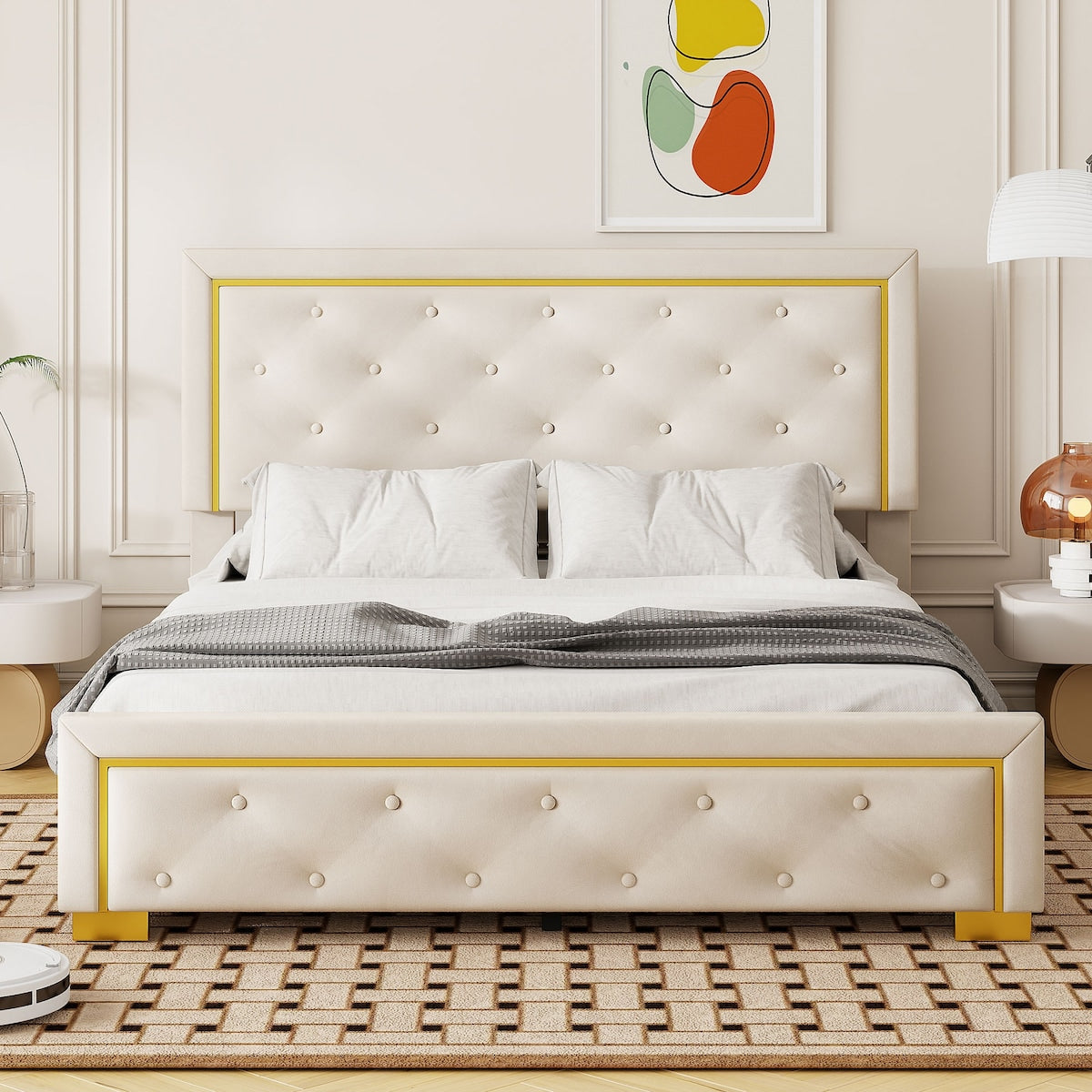 Queen Size Upholstered Platform Bed With Pull Point Headboard