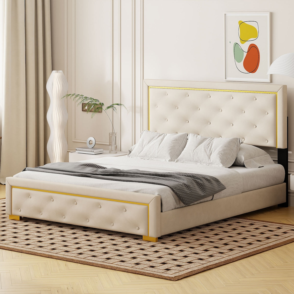 Queen Size Upholstered Platform Bed With Pull Point Headboard