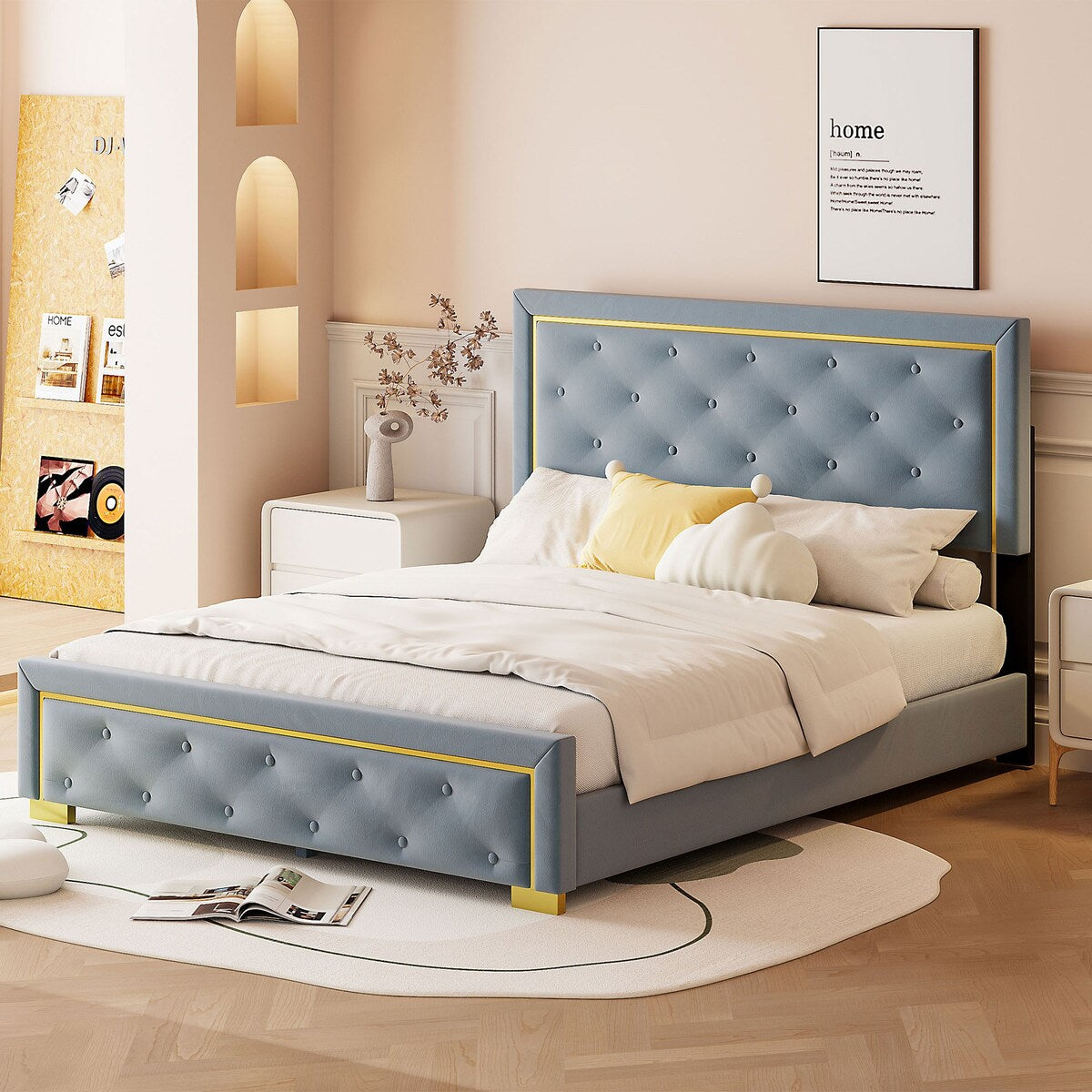 Queen Size Upholstered Platform Bed With Pull Point Headboard