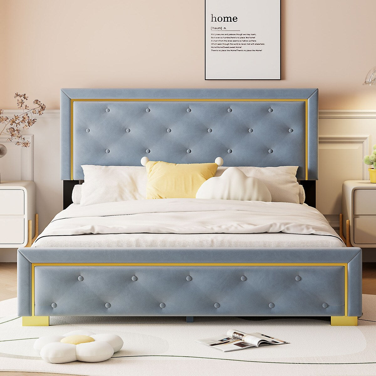 Queen Size Upholstered Platform Bed With Pull Point Headboard