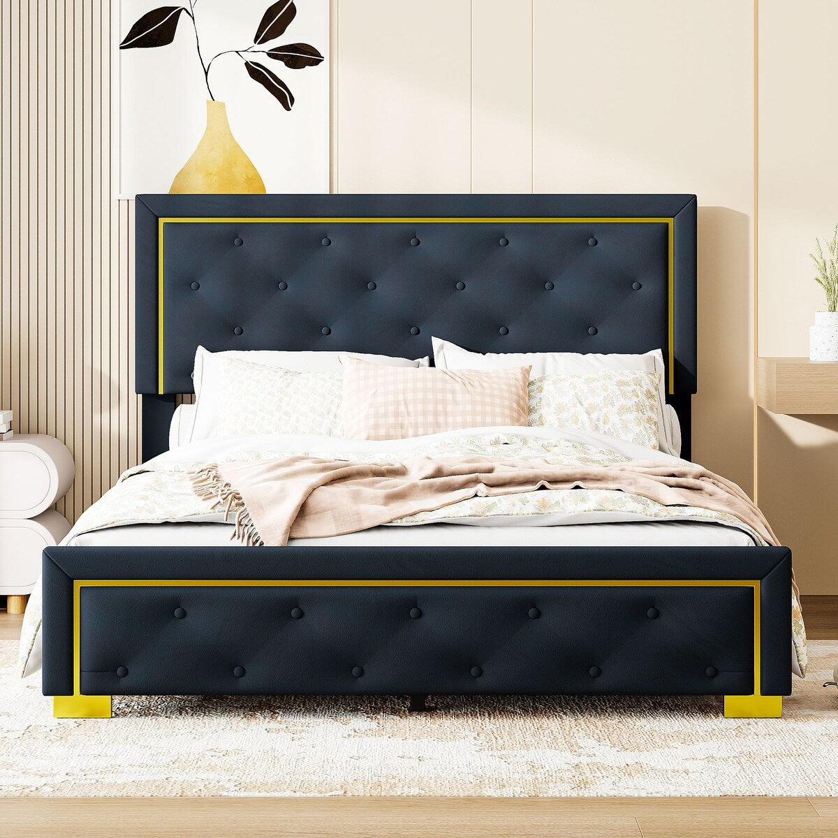 Queen Size Upholstered Platform Bed With Pull Point Headboard