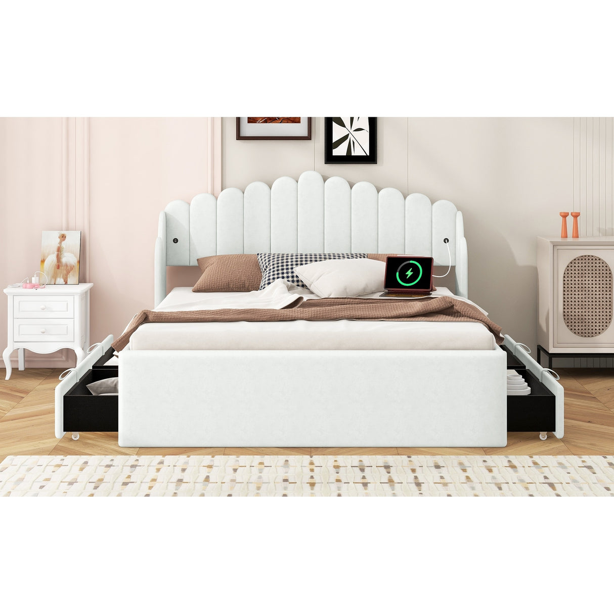 Queen Size Upholstered Platform Bed with 4 Drawers and 2 USB, Beige