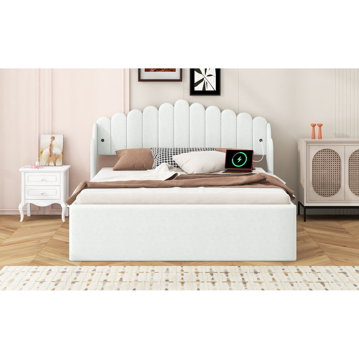 Queen Size Upholstered Platform Bed with 4 Drawers and 2 USB, Beige