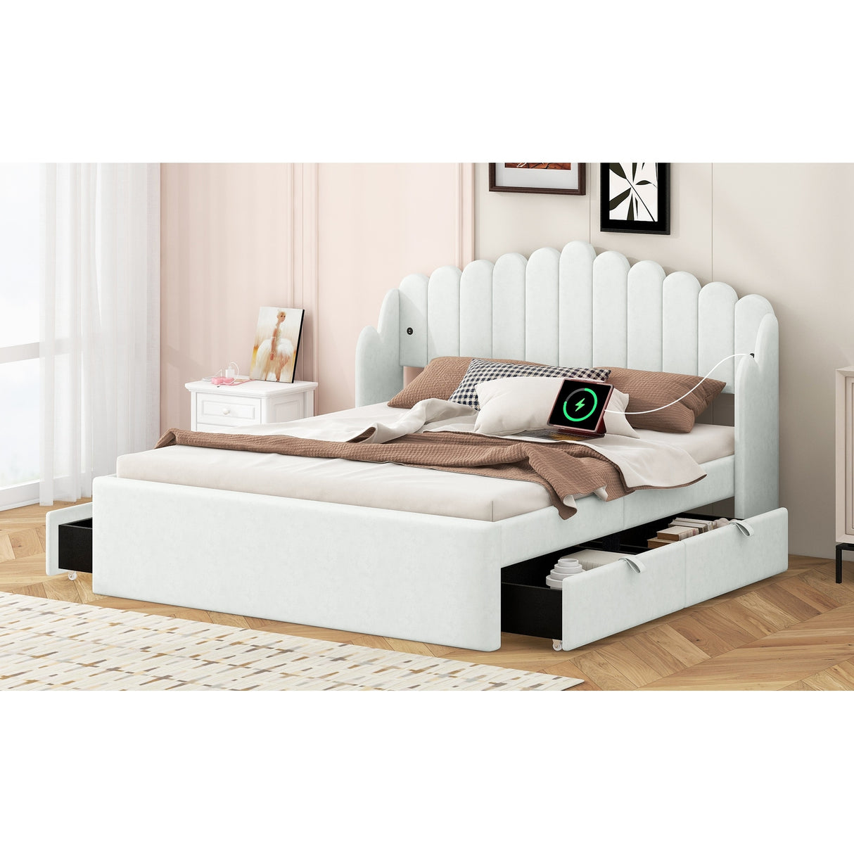 Queen Size Upholstered Platform Bed with 4 Drawers and 2 USB, Beige