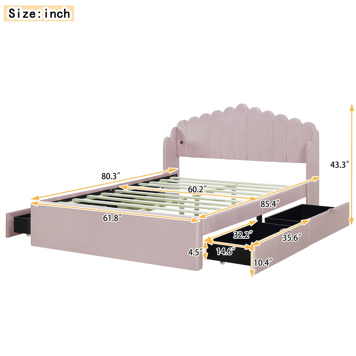 Queen Size Upholstered Platform Bed with 4 Drawers and 2 USB, Beige