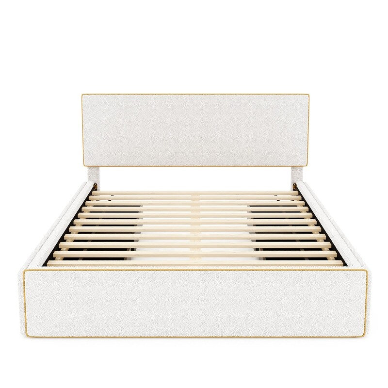 Queen Size Upholstered Platform Bed with 4-Drawers, Platform Bed Frame for Bedroom, Easy Assembly, White