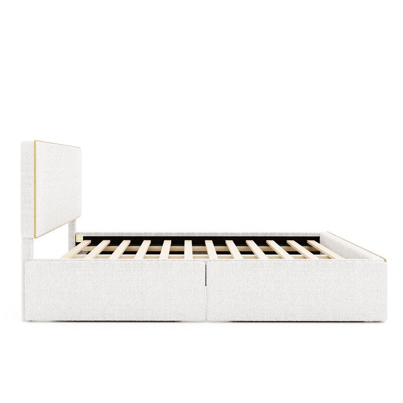Queen Size Upholstered Platform Bed with 4-Drawers, Platform Bed Frame for Bedroom, Easy Assembly, White