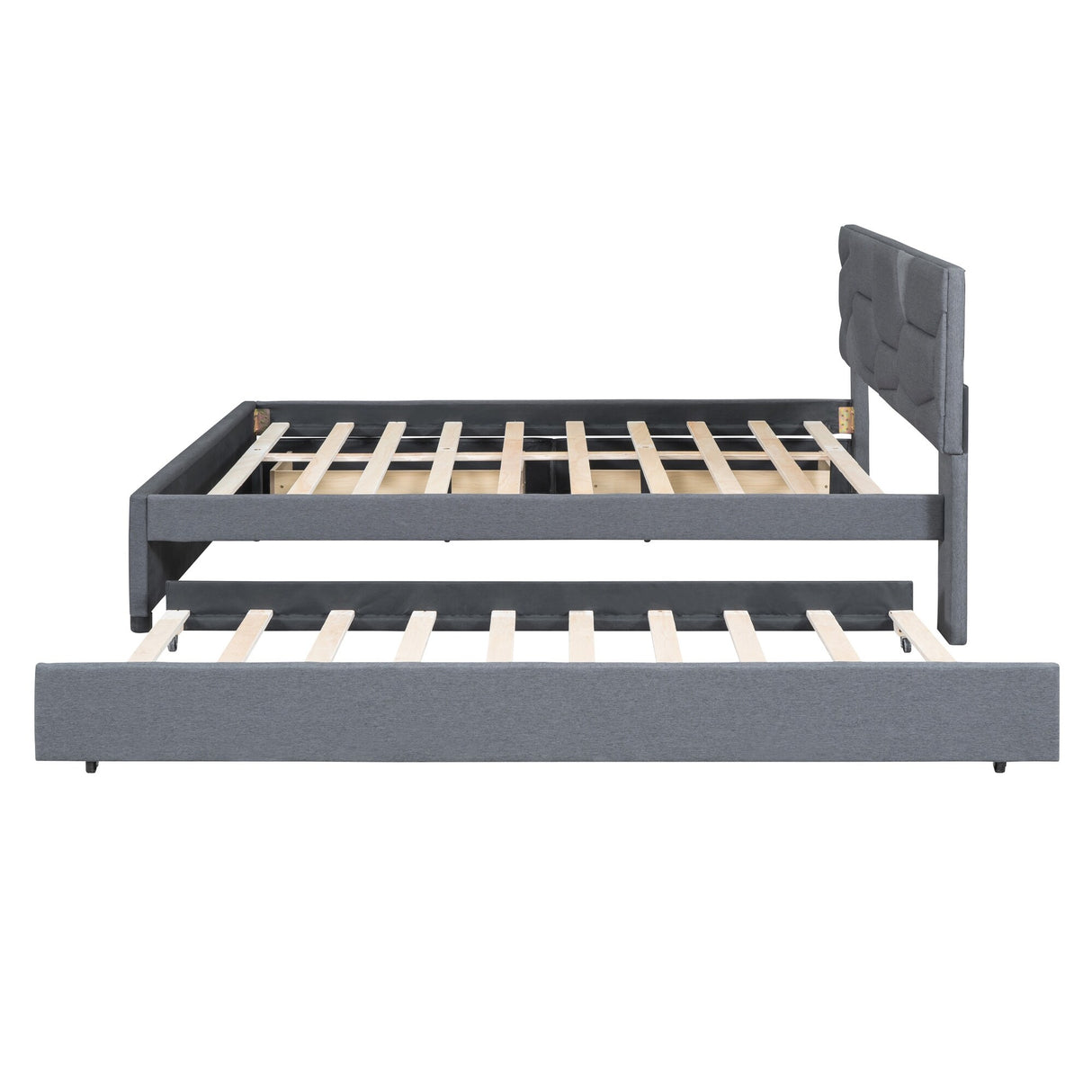 Queen Size Upholstered Platform Bed with Brick Pattern Headboard, with Twin XL Size Trundle and 2 drawers, Linen Fabric, Beige