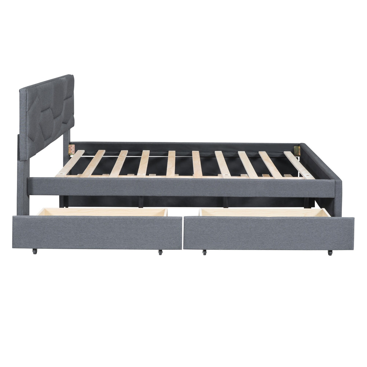 Queen Size Upholstered Platform Bed with Brick Pattern Headboard, with Twin XL Size Trundle and 2 drawers, Linen Fabric, Beige