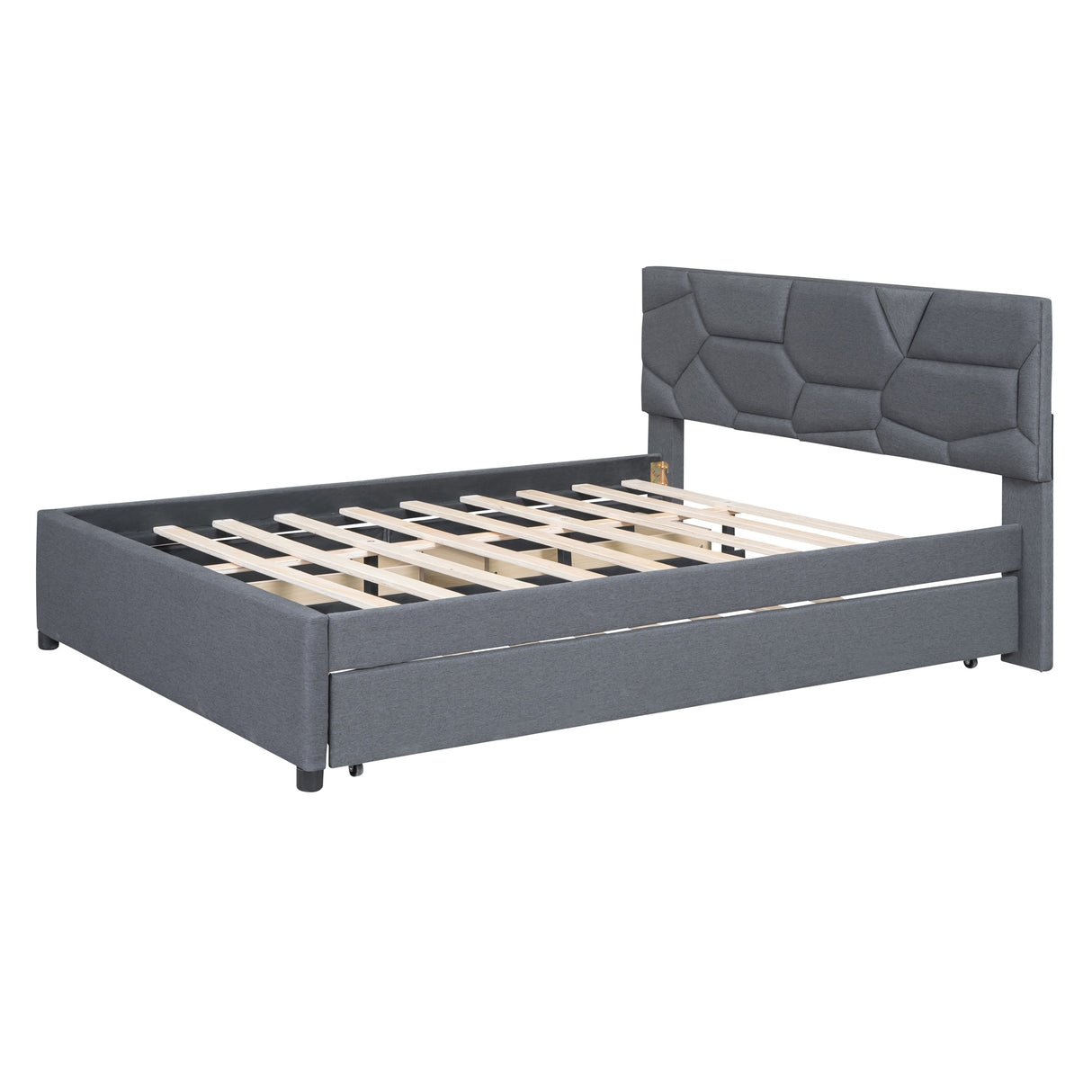 Queen Size Upholstered Platform Bed with Brick Pattern Headboard, with Twin XL Size Trundle and 2 drawers, Linen Fabric, Beige