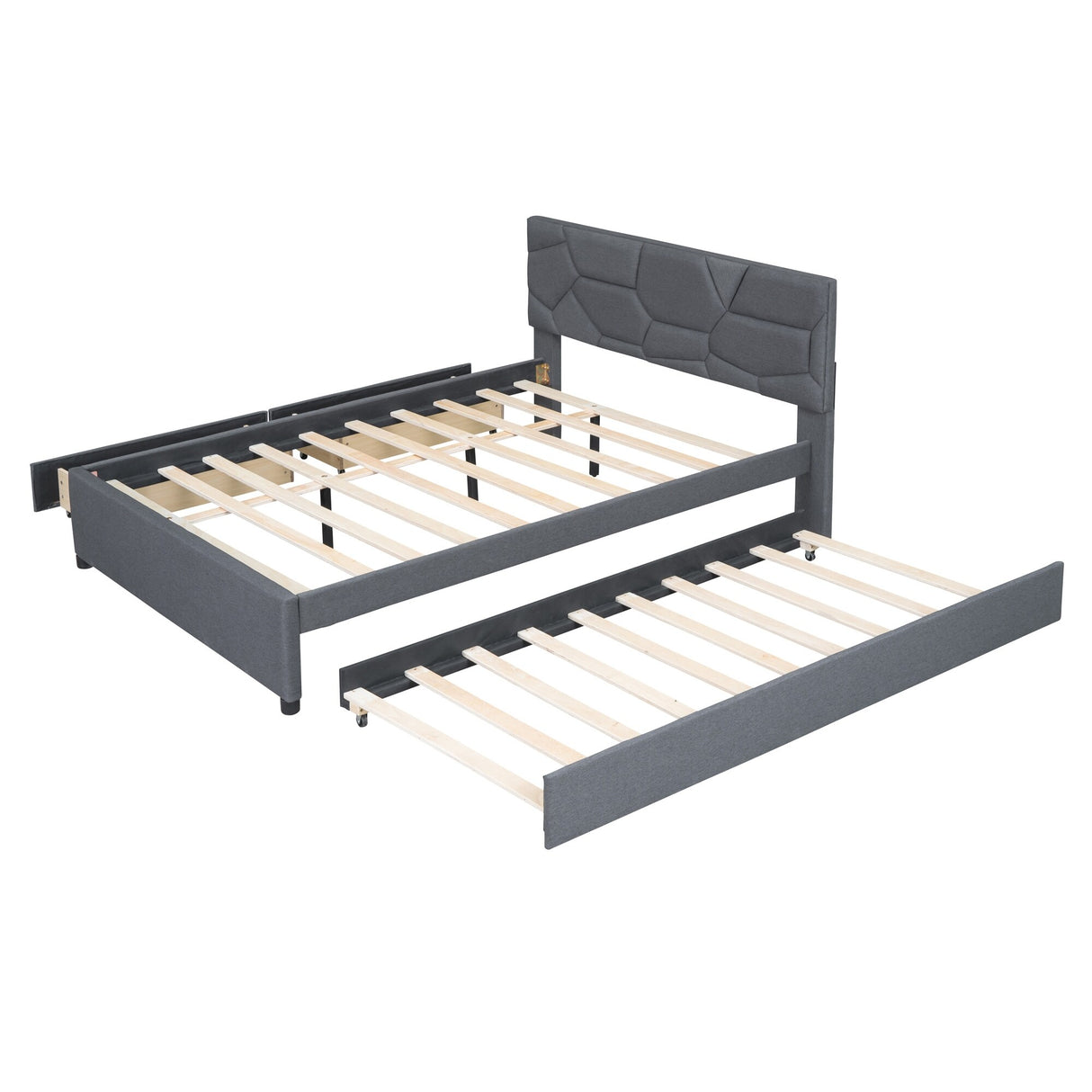 Queen Size Upholstered Platform Bed with Brick Pattern Headboard, with Twin XL Size Trundle and 2 drawers, Linen Fabric, Beige