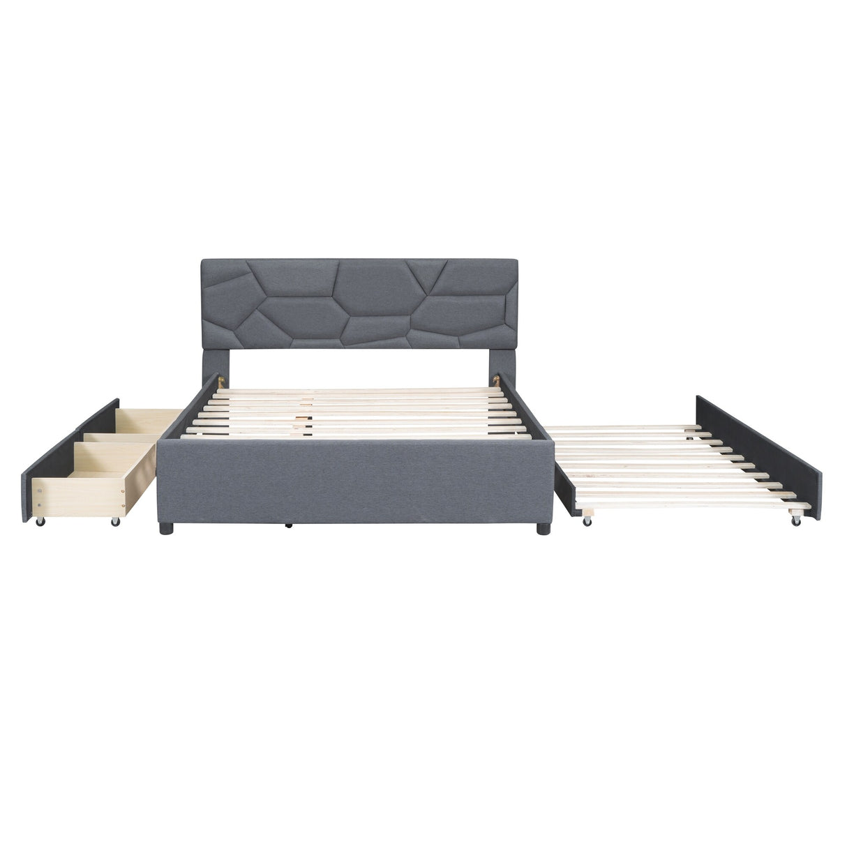 Queen Size Upholstered Platform Bed with Brick Pattern Headboard, with Twin XL Size Trundle and 2 drawers, Linen Fabric, Beige
