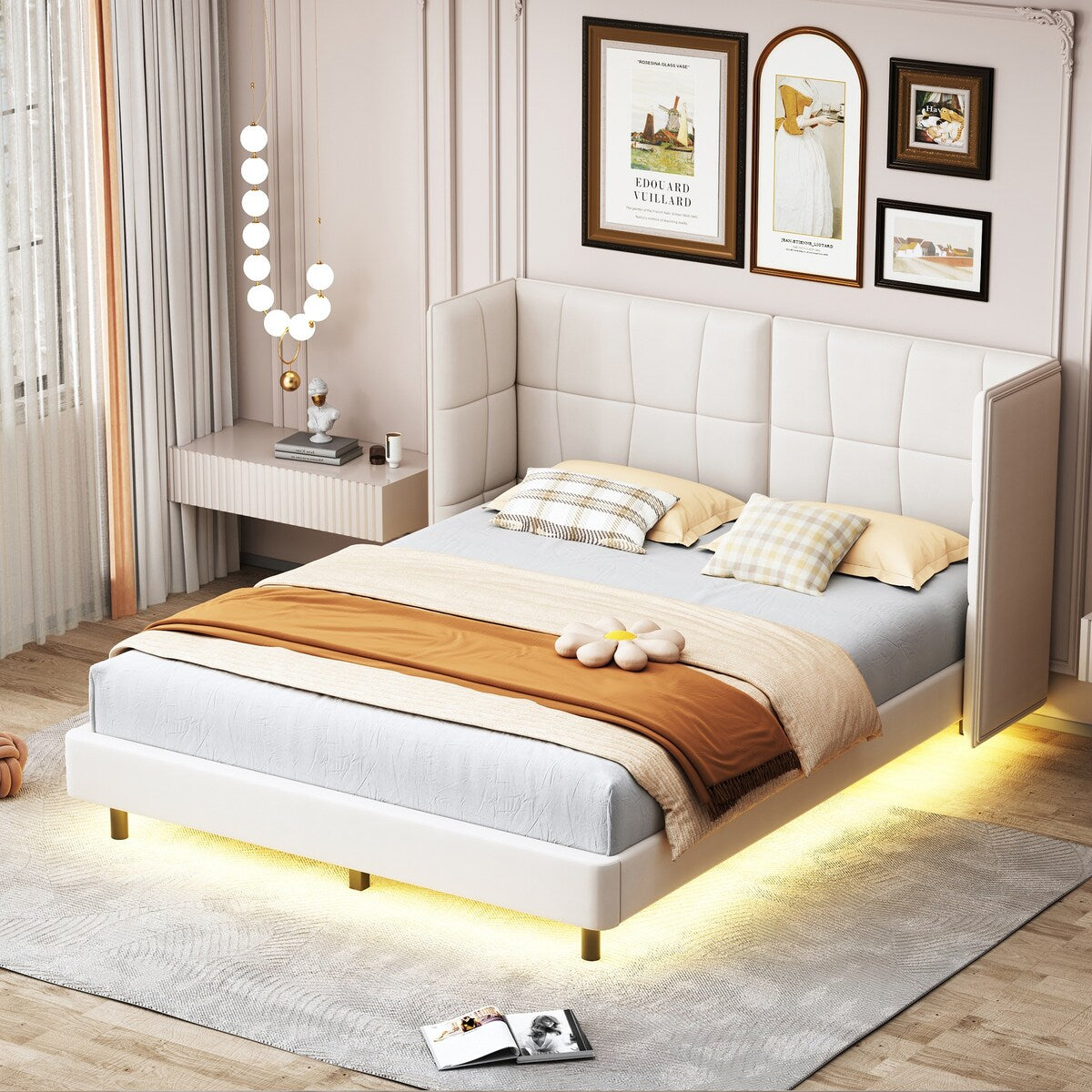 Queen Size Upholstered Platform Bed with LED Lights and U-Shaped Headboard for Master Bedrooms, Guest Rooms, Linen Fabric