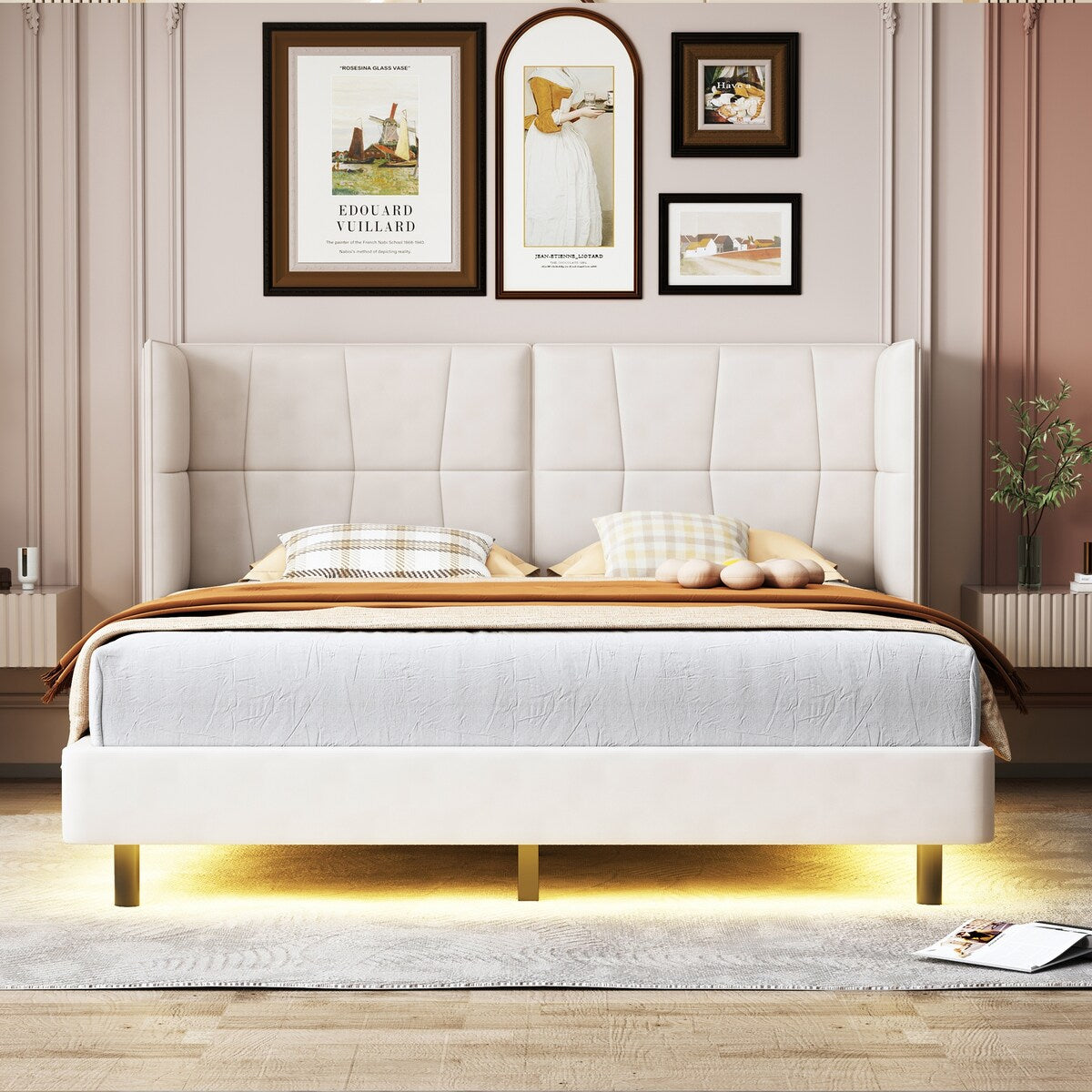 Queen Size Upholstered Platform Bed with LED Lights and U-Shaped Headboard for Master Bedrooms, Guest Rooms, Linen Fabric
