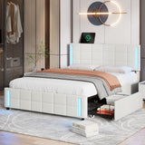Queen Size White Upholstered LED Charging Platform Bed with Drawers