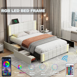 Queen Size White Upholstered LED Charging Platform Bed with Drawers
