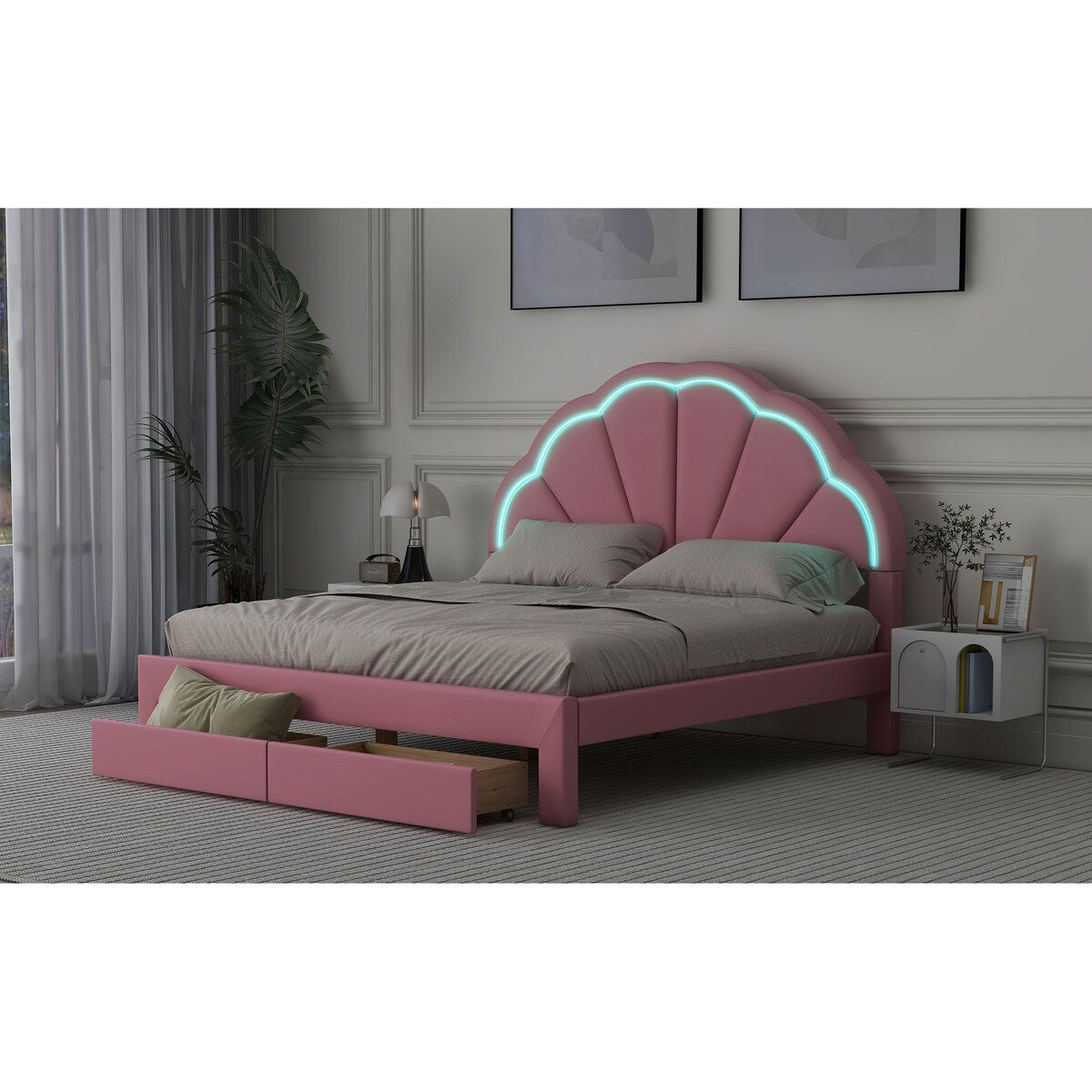 Queen Size Upholstered Platform Bed with Seashell Shaped Headboard