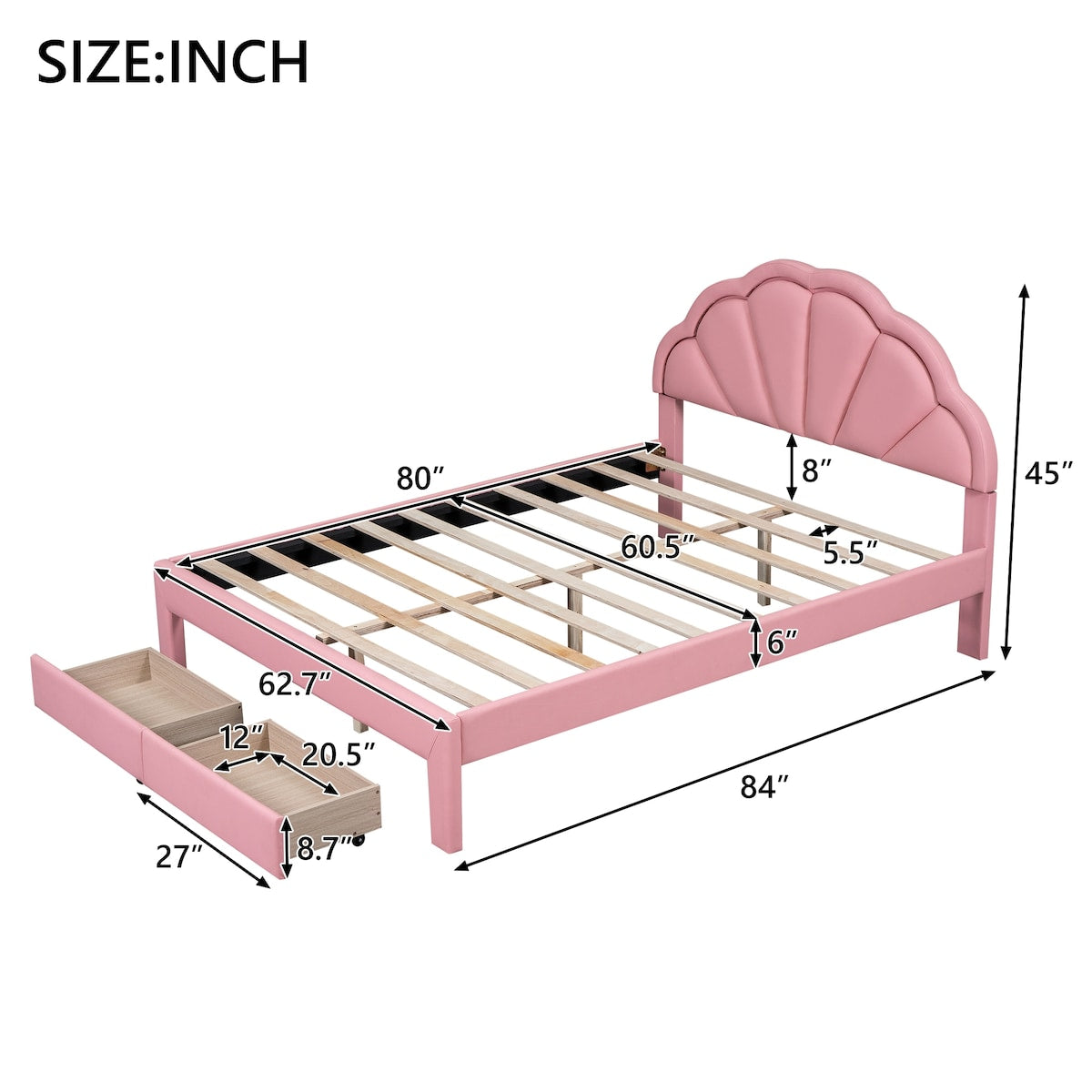 Queen Size Upholstered Platform Bed with Seashell Shaped Headboard