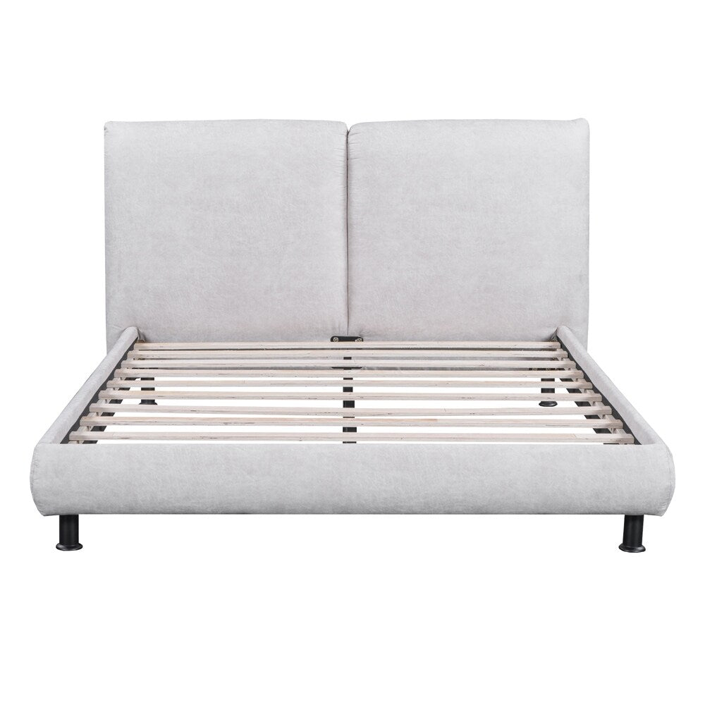 Queen Size Upholstered Platform Bed with Two Large Headrests