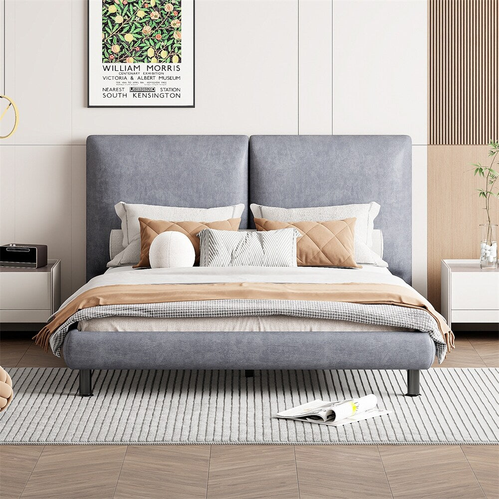 Queen Size Upholstered Platform Bed with Two Large Headrests