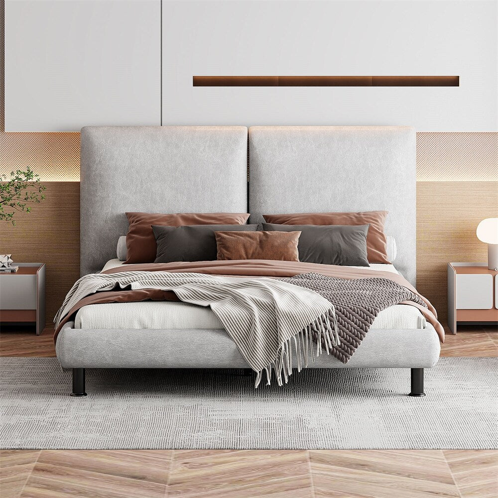 Queen Size Upholstered Platform Bed with Two Large Headrests