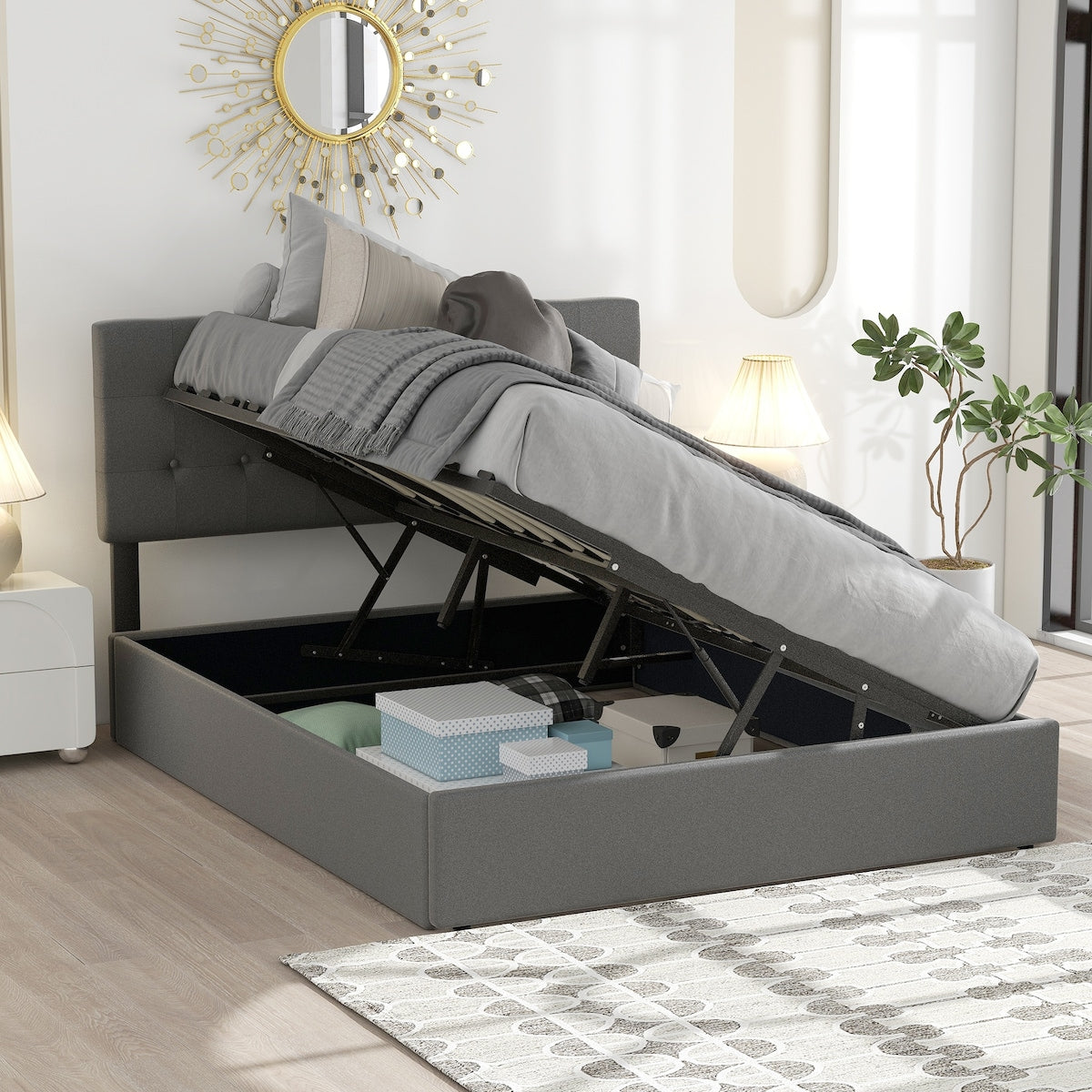 Queen Size Upholstered Platform Bed with Underneath Storage Space