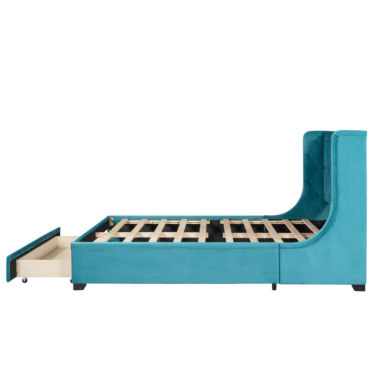 Queen Size Upholstered Platform Bed with Wingback Headboard and a Big Drawer