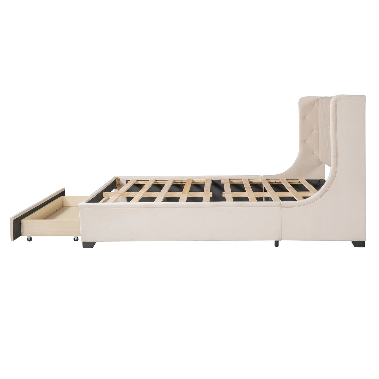 Queen Size Upholstered Platform Bed with Wingback Headboard and a Big Drawer